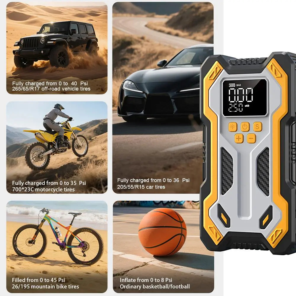 Car Battery Jump Starter with Air Compressor 150PSI Charger, Jump Starter Jump Box (All Gas 12L Diesel, Bikes, Balls, Etc.), Car Battery Jumper Starter Portable Jumper Cables, Lights