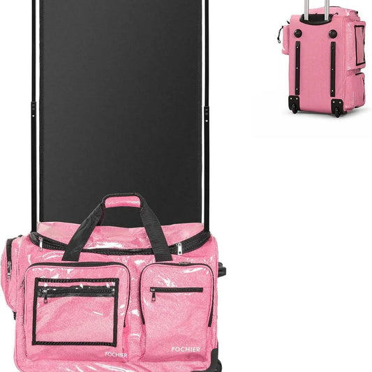 Guardix 23" Dance Bag with Garment Rack Pink/Blue Waterproof PU Rolling Costume Luggage for Dancer Athlete Livestreamer Recitals Travel No-Shed Glitter Built-In Hanger