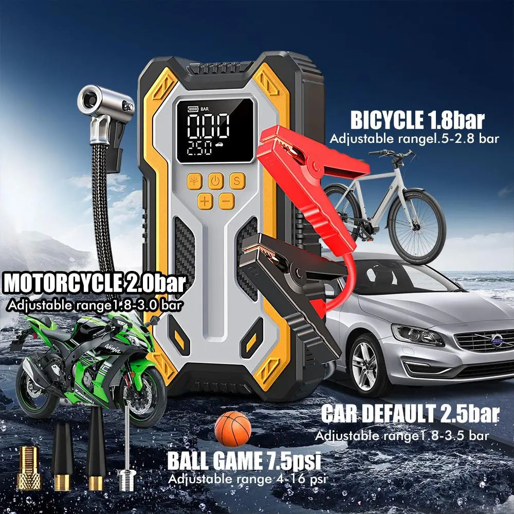 Car Battery Jump Starter with Air Compressor 150PSI Charger, Jump Starter Jump Box (All Gas 12L Diesel, Bikes, Balls, Etc.), Car Battery Jumper Starter Portable Jumper Cables, Lights