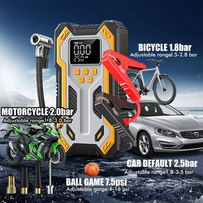 Car Battery Jump Starter with Air Compressor 150PSI Charger, Jump Starter Jump Box (All Gas 12L Diesel, Bikes, Balls, Etc.), Car Battery Jumper Starter Portable Jumper Cables, Lights