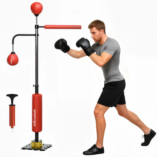 Soozier Boxing Bag Stand with Speed Bag and Reaction Bar Challenge, 55.1"-80.7" Reflex Bag Boxing Training Equipment with Suction Cups and Shock-Absorbing System, Red