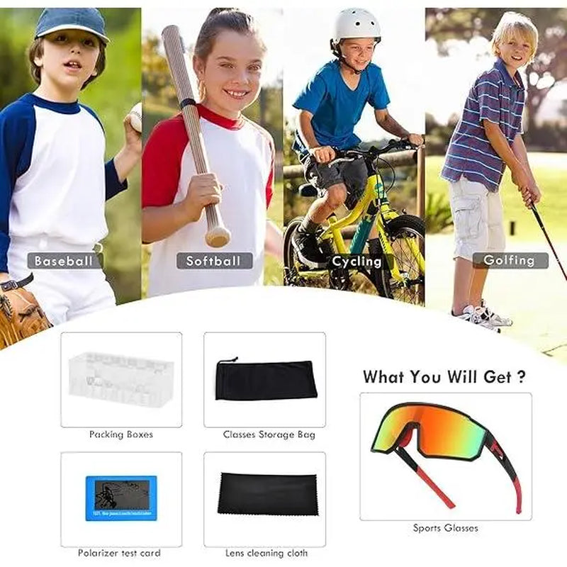 Youth Baseball Sunglasses for Boys Girls Age Frame Kids Sport Sunglasses for Softball Cycling Baseball Golf